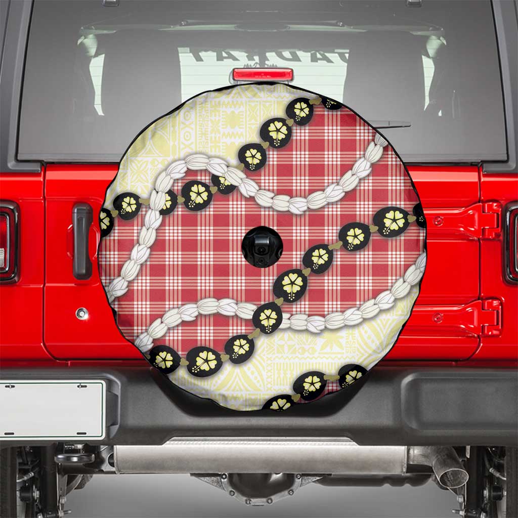 Red Palaka Hawaii Spare Tire Cover Kukui Nut Pikake Lei Hawaiian Tapa Pattern - Polynesian Pride