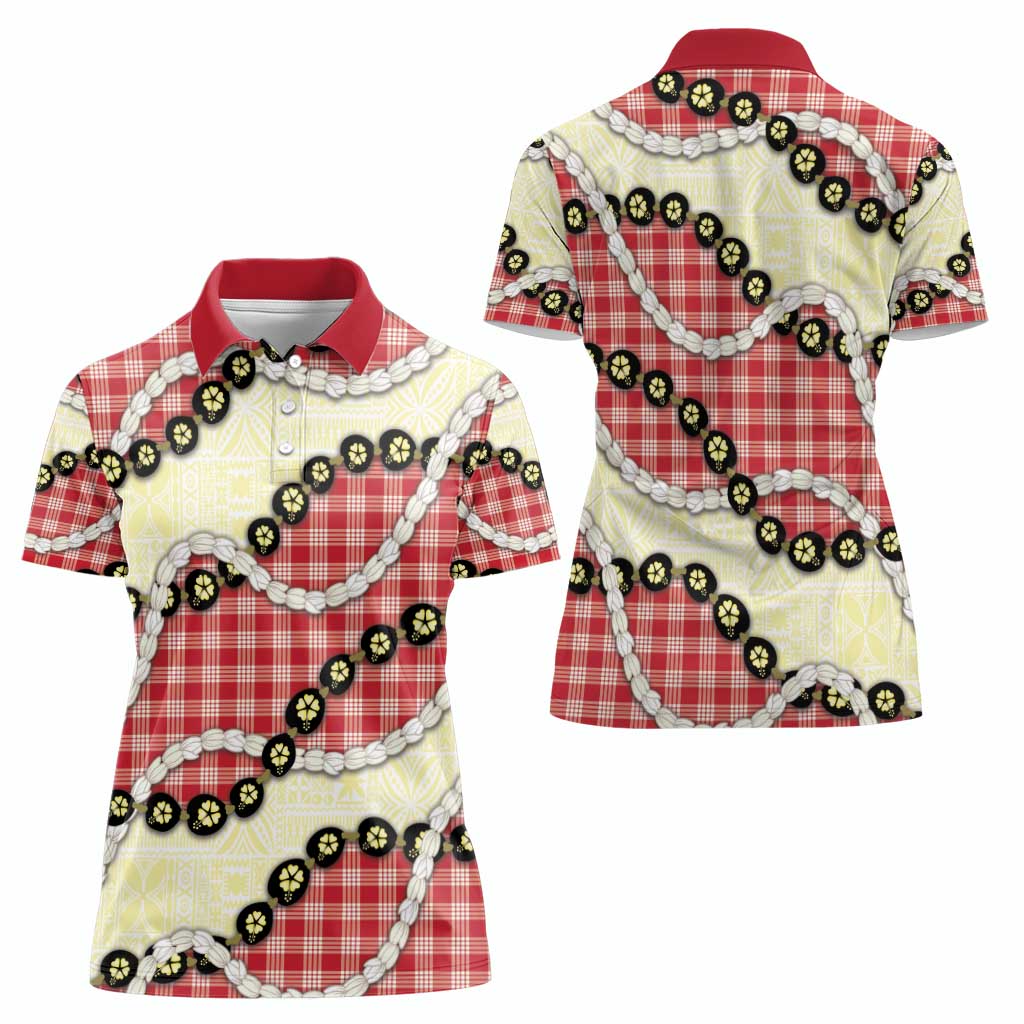 Red Palaka Hawaii Women Polo Shirt Kukui Nut Pikake Lei Hawaiian Tapa Pattern - Polynesian Pride