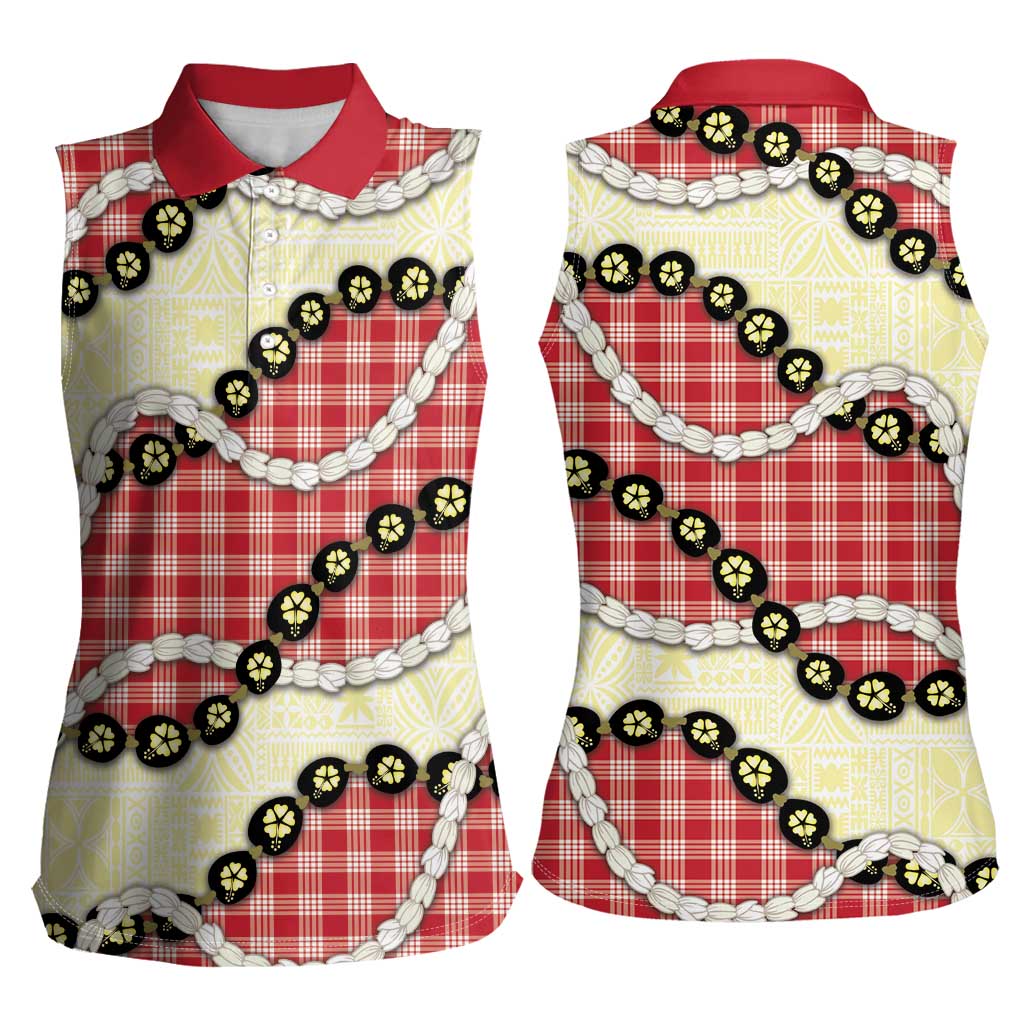 Red Palaka Hawaii Women Sleeveless Polo Shirt Kukui Nut Pikake Lei Hawaiian Tapa Pattern - Polynesian Pride