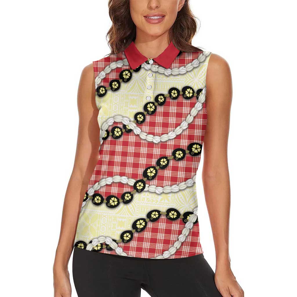 Red Palaka Hawaii Women Sleeveless Polo Shirt Kukui Nut Pikake Lei Hawaiian Tapa Pattern - Polynesian Pride
