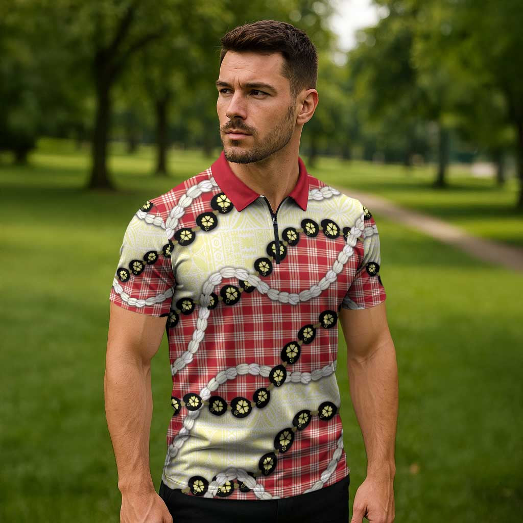 Red Palaka Hawaii Zipper Polo Shirt Kukui Nut Pikake Lei Hawaiian Tapa Pattern - Polynesian Pride