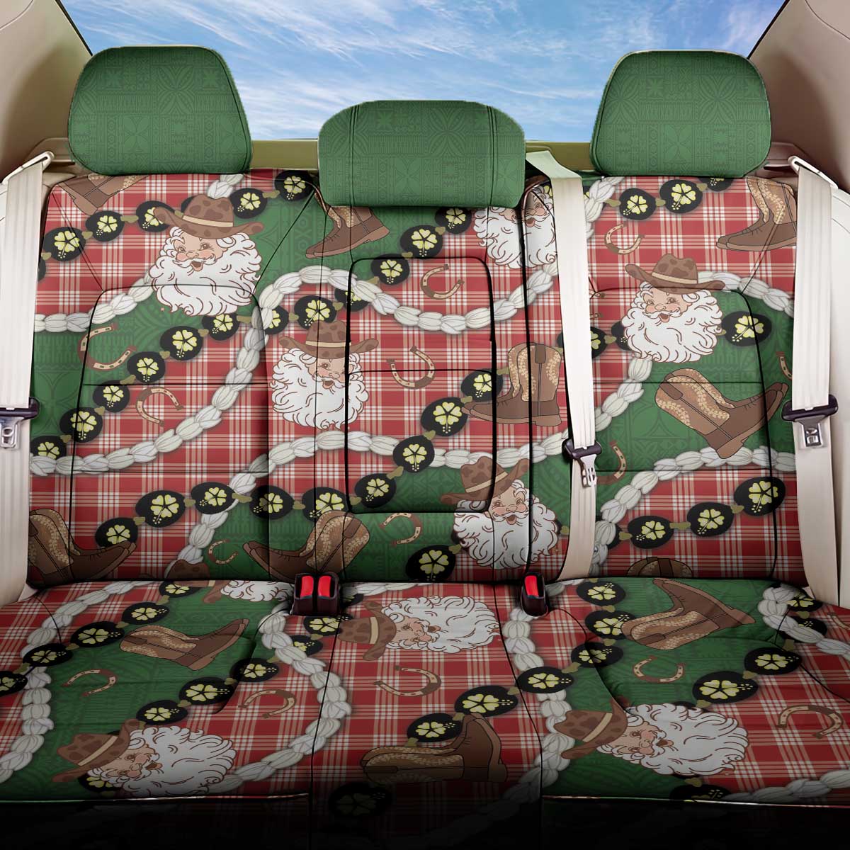 Cowboy Hawaii Mele Kalikimaka Back Car Seat Cover Paniolo Kukui Nut Pikake Lei Red Version - Polynesian Pride