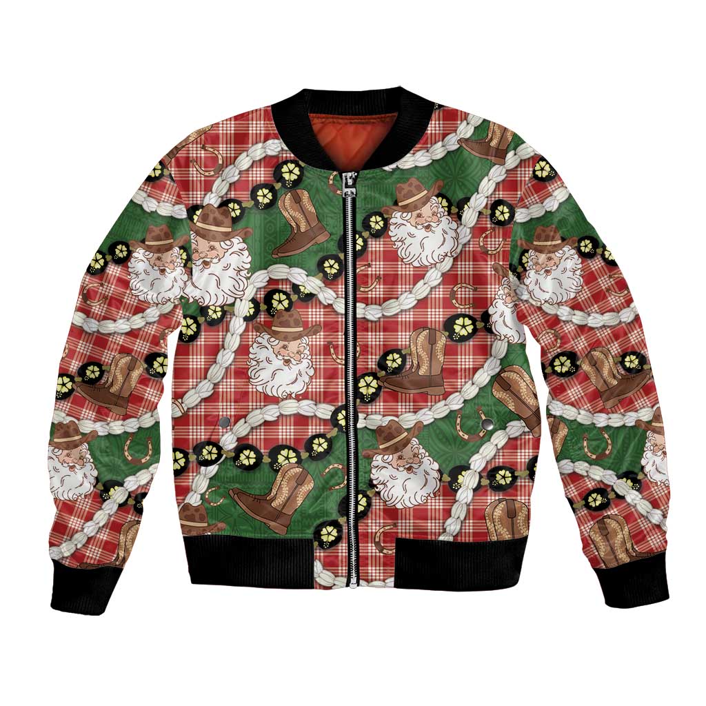 Cowboy Hawaii Mele Kalikimaka Bomber Jacket Paniolo Kukui Nut Pikake Lei Red Version - Polynesian Pride