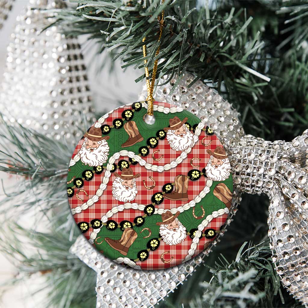 Cowboy Hawaii Mele Kalikimaka Ceramic Ornament Paniolo Kukui Nut Pikake Lei Red Version - Polynesian Pride