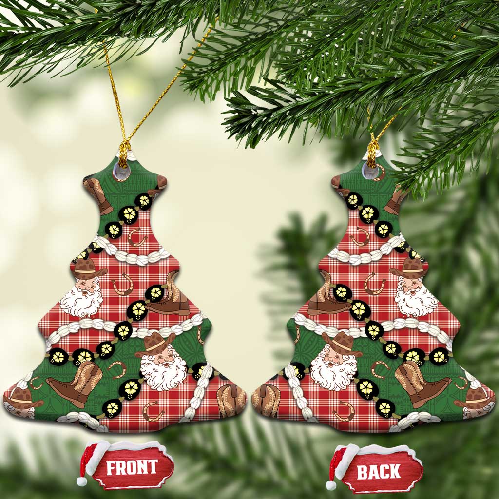 Cowboy Hawaii Mele Kalikimaka Ceramic Ornament Paniolo Kukui Nut Pikake Lei Red Version - Polynesian Pride