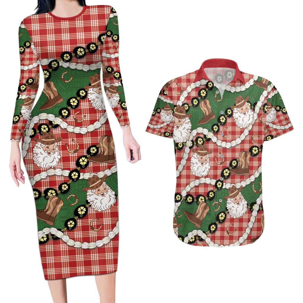 Cowboy Hawaii Mele Kalikimaka Couples Matching Long Sleeve Bodycon Dress and Hawaiian Shirt Paniolo Kukui Nut Pikake Lei Red Version - Polynesian Pride