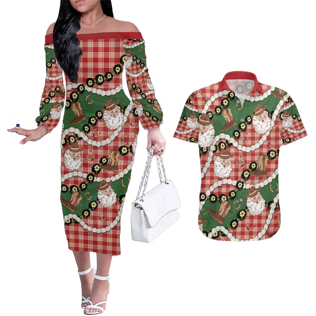 Cowboy Hawaii Mele Kalikimaka Couples Matching Off The Shoulder Long Sleeve Dress and Hawaiian Shirt Paniolo Kukui Nut Pikake Lei Red Version - Polynesian Pride