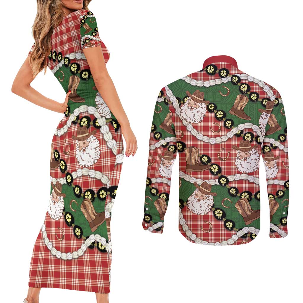 Cowboy Hawaii Mele Kalikimaka Couples Matching Short Sleeve Bodycon Dress and Long Sleeve Button Shirt Paniolo Kukui Nut Pikake Lei Red Version - Polynesian Pride