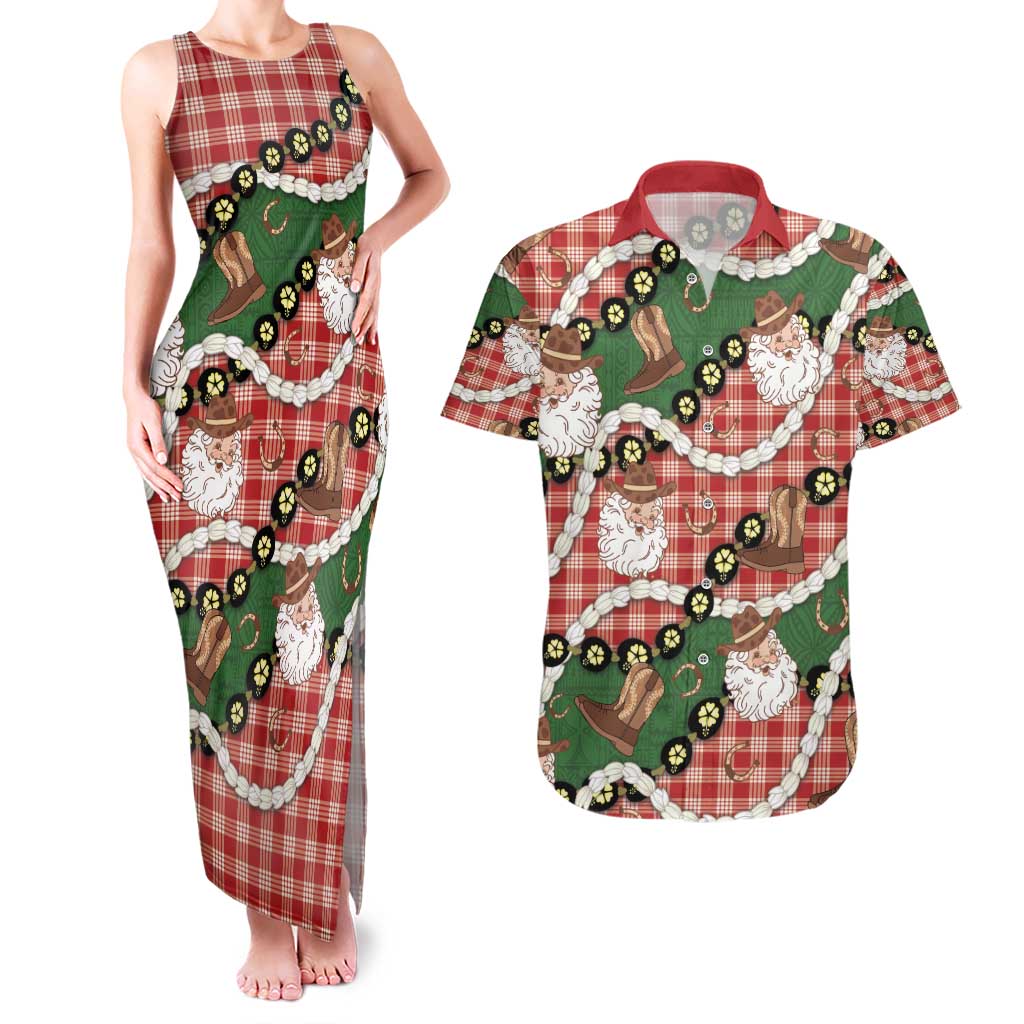 Cowboy Hawaii Mele Kalikimaka Couples Matching Tank Maxi Dress and Hawaiian Shirt Paniolo Kukui Nut Pikake Lei Red Version - Polynesian Pride
