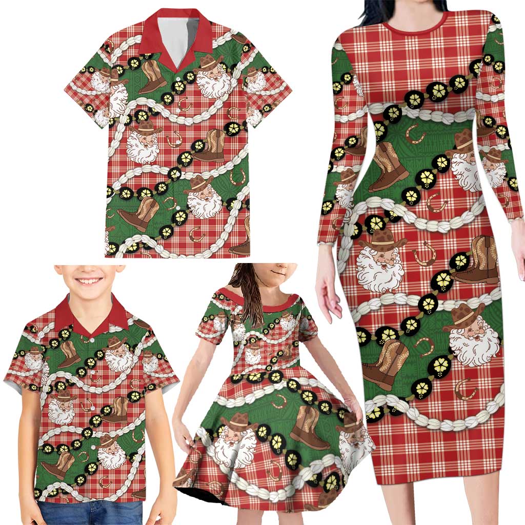 Cowboy Hawaii Mele Kalikimaka Family Matching Long Sleeve Bodycon Dress and Hawaiian Shirt Paniolo Kukui Nut Pikake Lei Red Version - Polynesian Pride