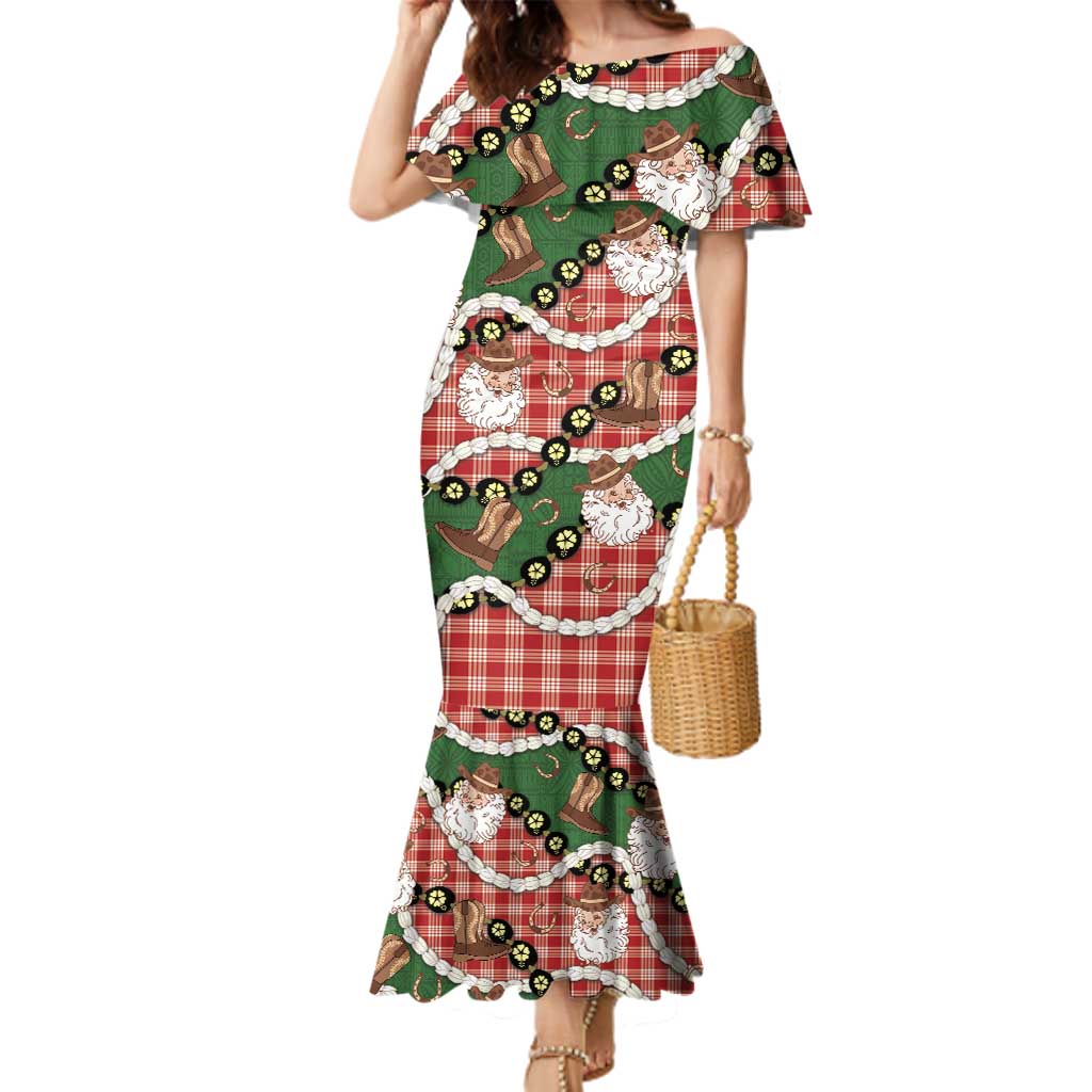 Cowboy Hawaii Mele Kalikimaka Family Matching Mermaid Dress and Hawaiian Shirt Paniolo Kukui Nut Pikake Lei Red Version - Polynesian Pride