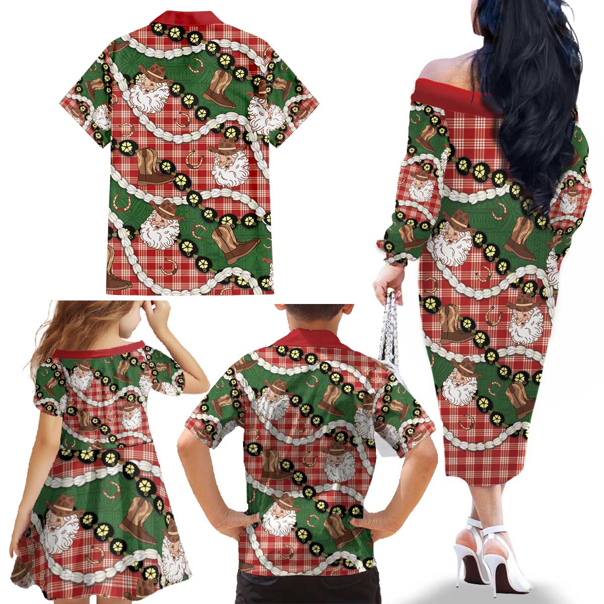 Cowboy Hawaii Mele Kalikimaka Family Matching Off The Shoulder Long Sleeve Dress and Hawaiian Shirt Paniolo Kukui Nut Pikake Lei Red Version - Polynesian Pride