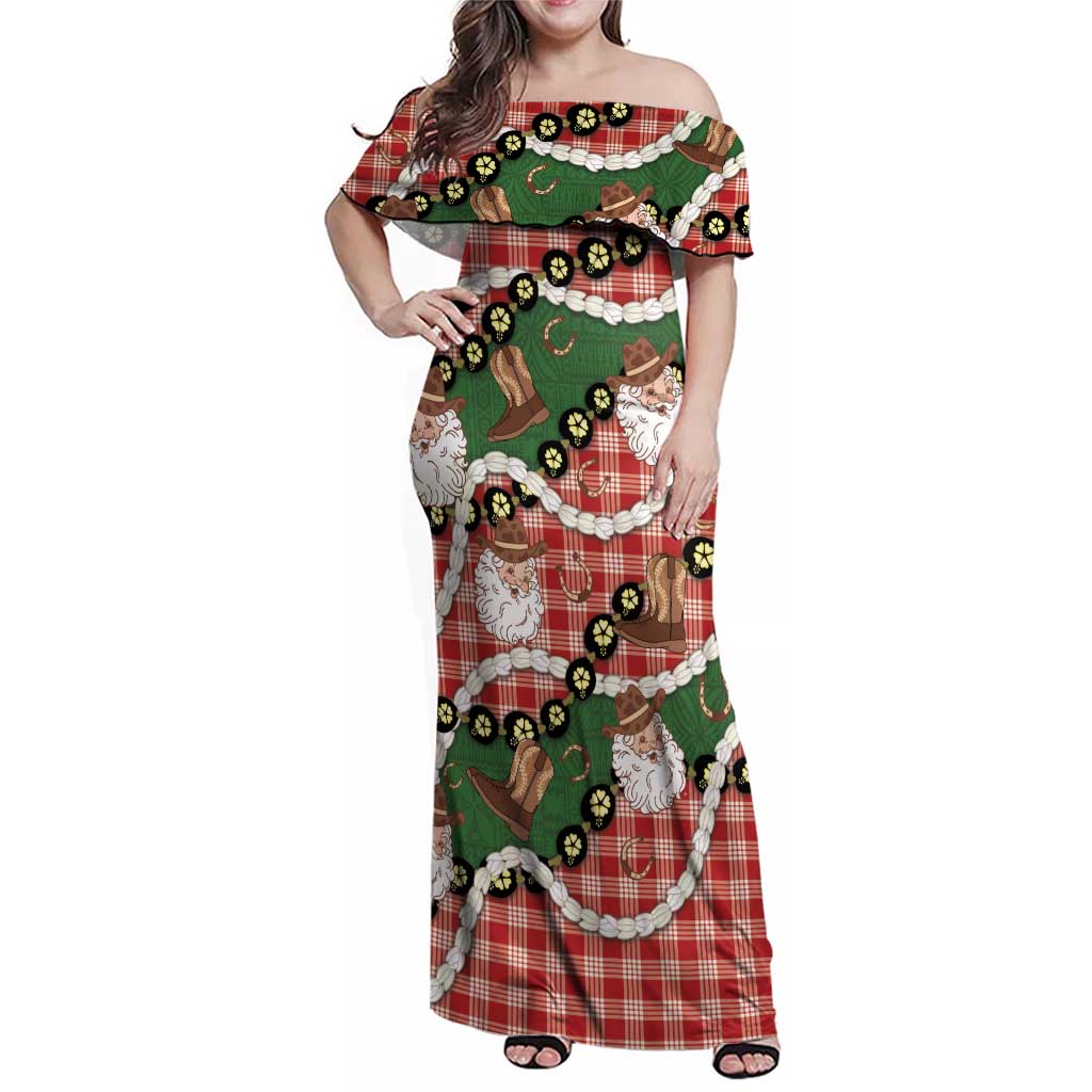 Cowboy Hawaii Mele Kalikimaka Family Matching Off Shoulder Maxi Dress and Hawaiian Shirt Paniolo Kukui Nut Pikake Lei Red Version - Polynesian Pride