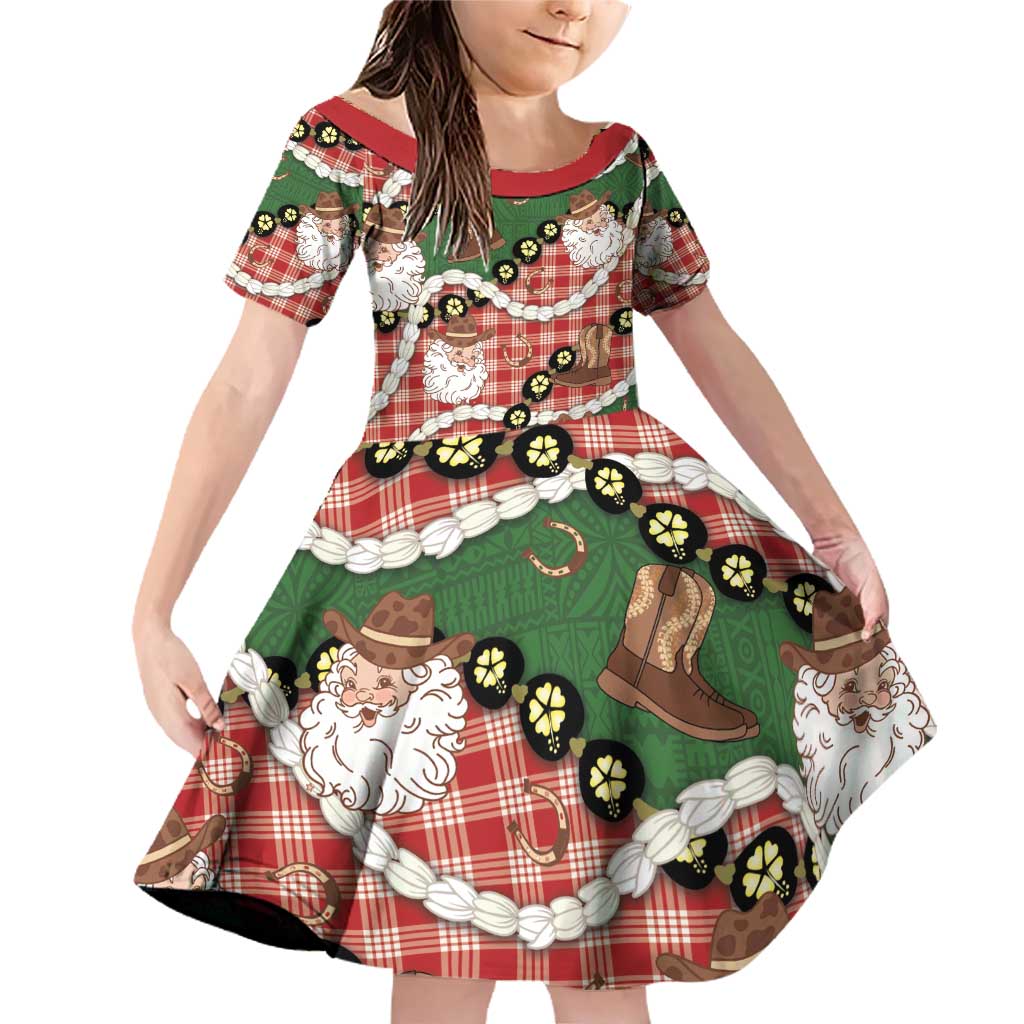 Cowboy Hawaii Mele Kalikimaka Family Matching Off Shoulder Short Dress and Hawaiian Shirt Paniolo Kukui Nut Pikake Lei Red Version - Polynesian Pride