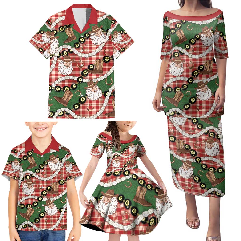 Cowboy Hawaii Mele Kalikimaka Family Matching Puletasi and Hawaiian Shirt Paniolo Kukui Nut Pikake Lei Red Version - Polynesian Pride