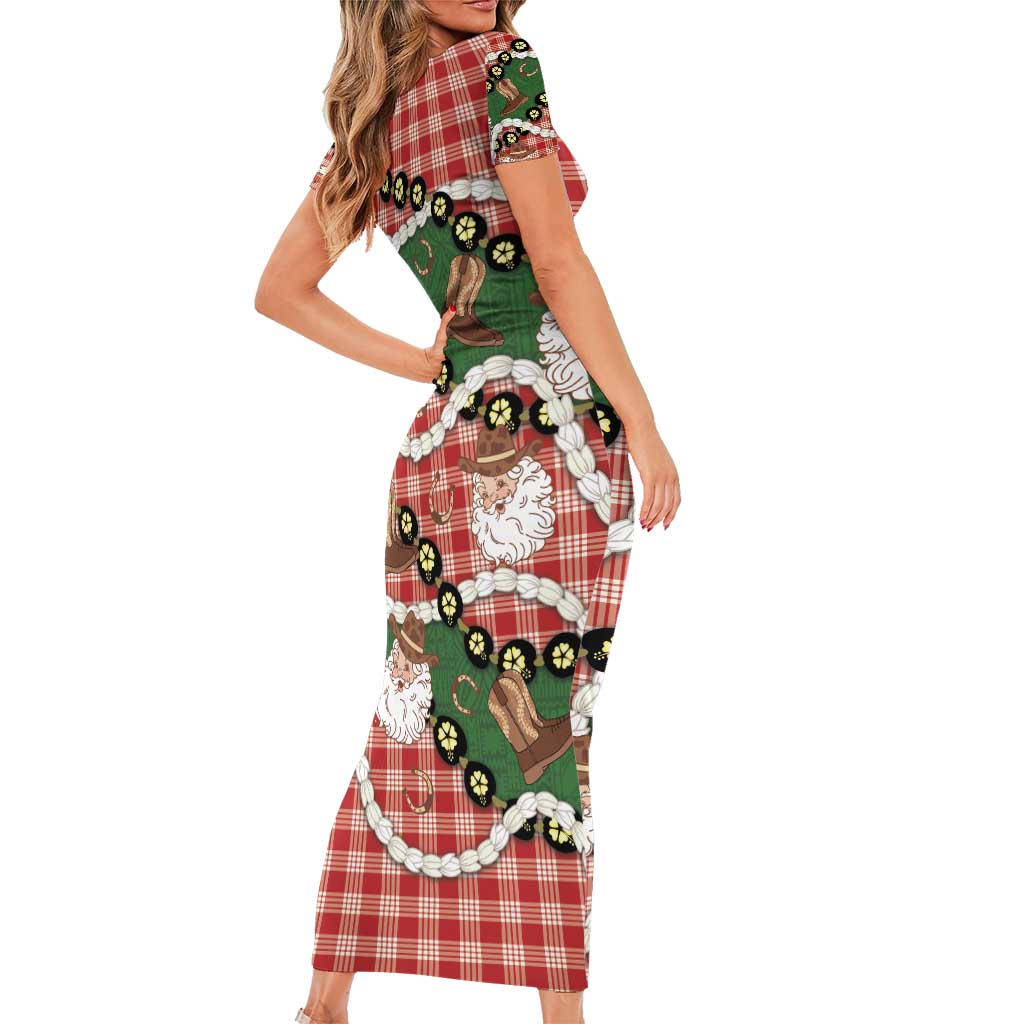 Cowboy Hawaii Mele Kalikimaka Family Matching Short Sleeve Bodycon Dress and Hawaiian Shirt Paniolo Kukui Nut Pikake Lei Red Version - Polynesian Pride