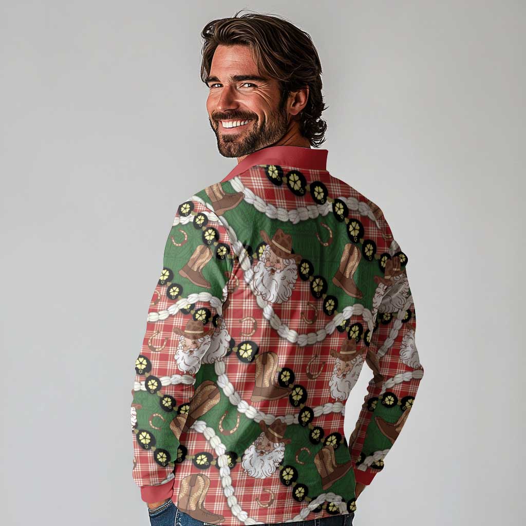 Cowboy Hawaii Mele Kalikimaka Long Sleeve Polo Shirt Paniolo Kukui Nut Pikake Lei Red Version - Polynesian Pride