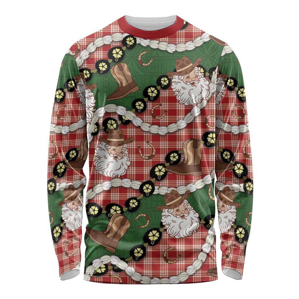 Cowboy Hawaii Mele Kalikimaka Long Sleeve Shirt Paniolo Kukui Nut Pikake Lei Red Version - Polynesian Pride