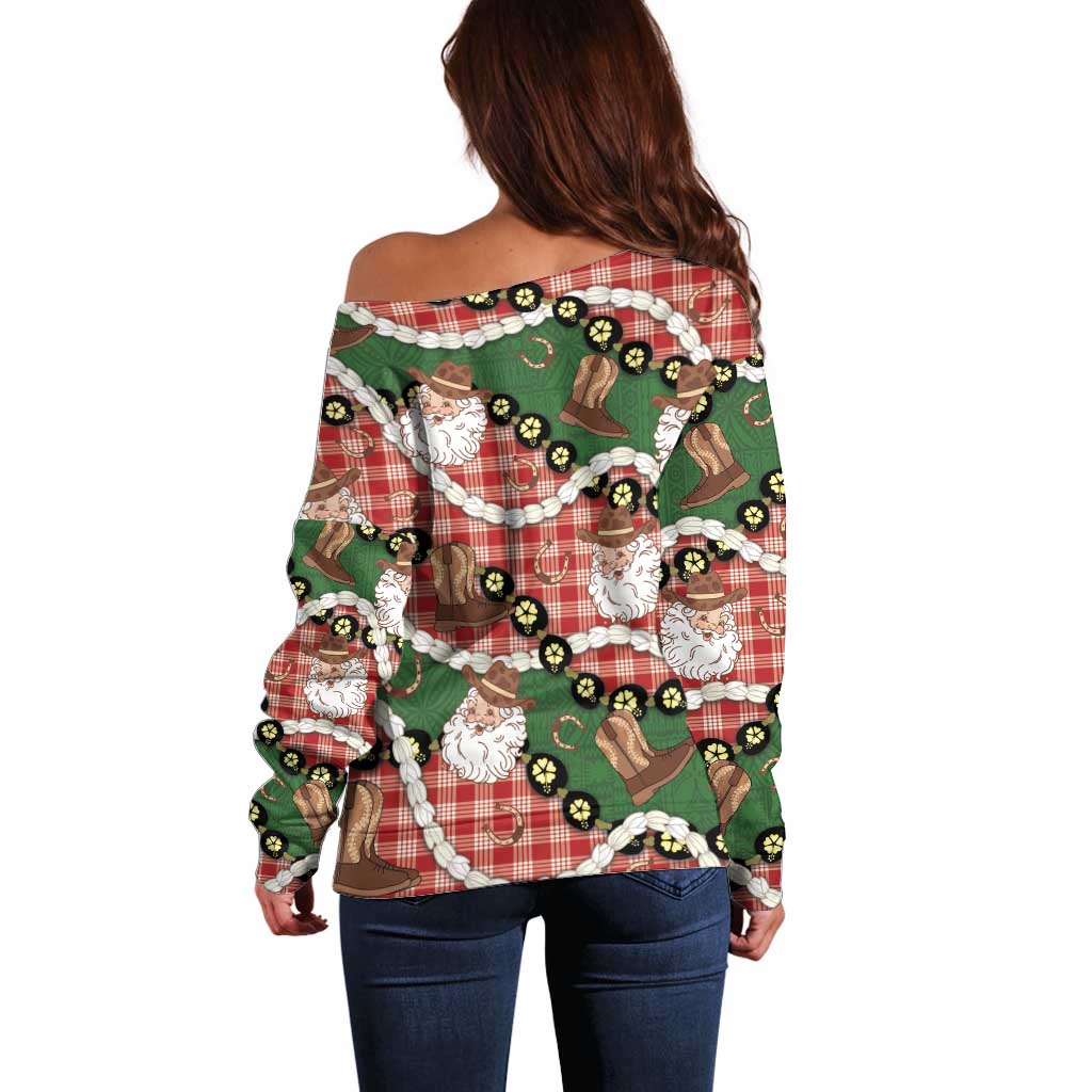 Cowboy Hawaii Mele Kalikimaka Off Shoulder Sweater Paniolo Kukui Nut Pikake Lei Red Version - Polynesian Pride