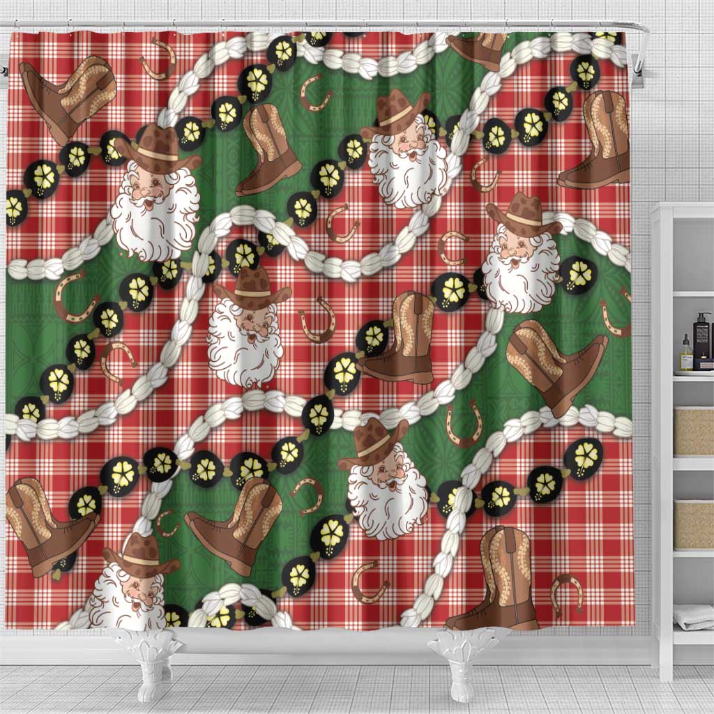 Cowboy Hawaii Mele Kalikimaka Shower Curtain Paniolo Kukui Nut Pikake Lei Red Version - Polynesian Pride