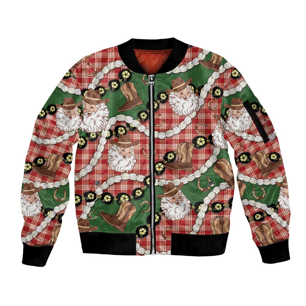 Cowboy Hawaii Mele Kalikimaka Sleeve Zip Bomber Jacket Paniolo Kukui Nut Pikake Lei Red Version - Polynesian Pride