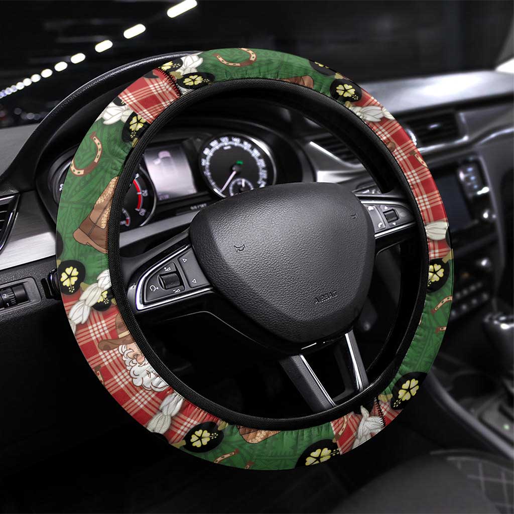 Cowboy Hawaii Mele Kalikimaka Steering Wheel Cover Paniolo Kukui Nut Pikake Lei Red Version - Polynesian Pride