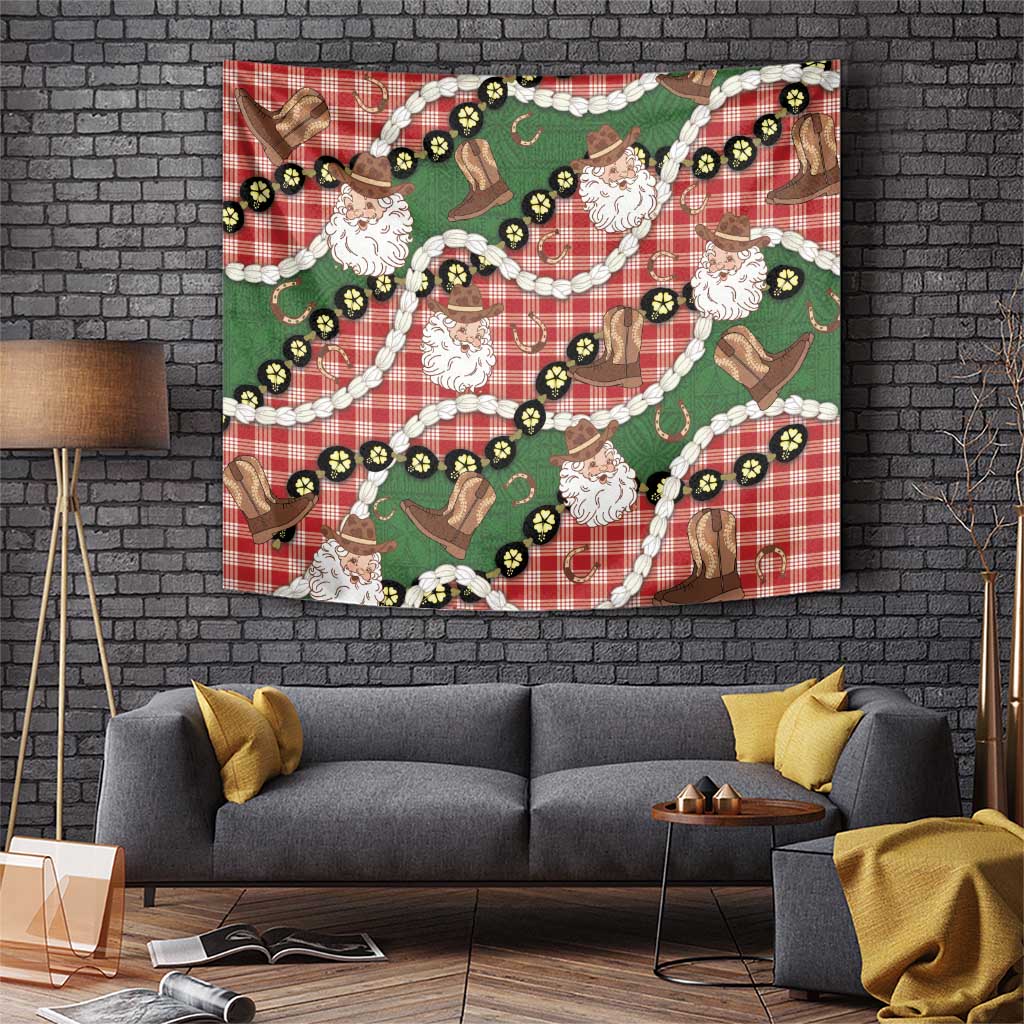 Cowboy Hawaii Mele Kalikimaka Tapestry Paniolo Kukui Nut Pikake Lei Red Version - Polynesian Pride