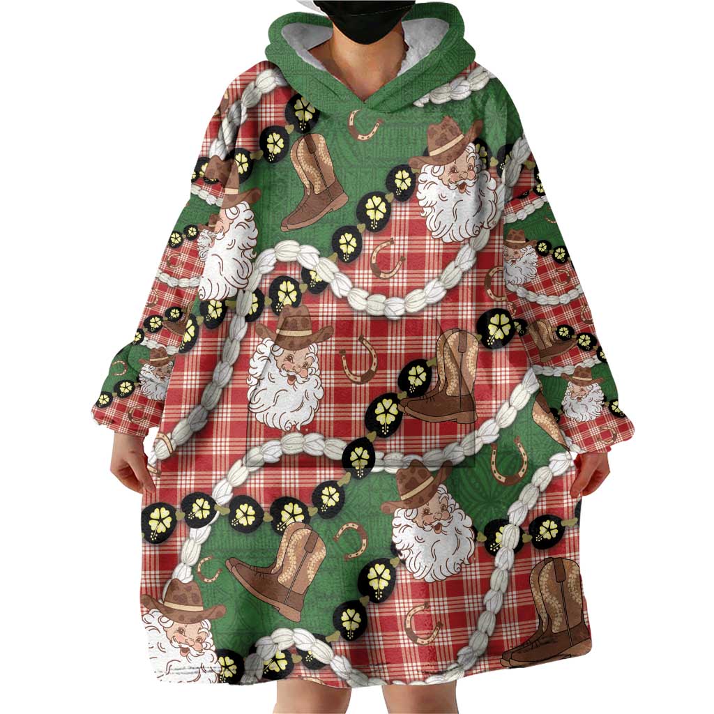 Cowboy Hawaii Mele Kalikimaka Wearable Blanket Hoodie Paniolo Kukui Nut Pikake Lei Red Version - Polynesian Pride