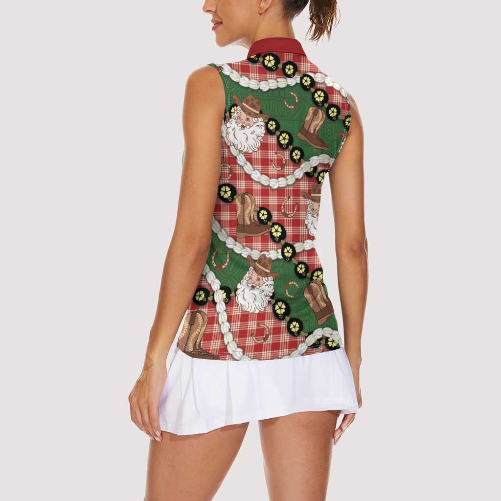 Cowboy Hawaii Mele Kalikimaka Women Sleeveless Polo Shirt Paniolo Kukui Nut Pikake Lei Red Version - Polynesian Pride