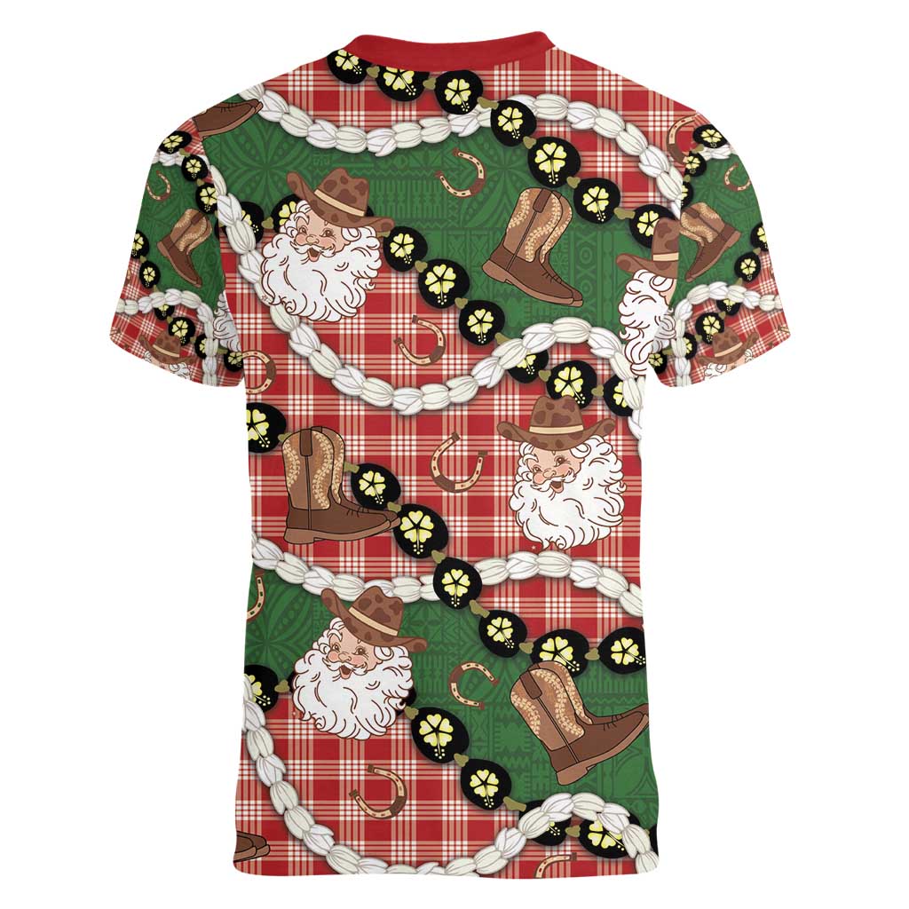 Cowboy Hawaii Mele Kalikimaka Women V-Neck T-Shirt Paniolo Kukui Nut Pikake Lei Red Version - Polynesian Pride