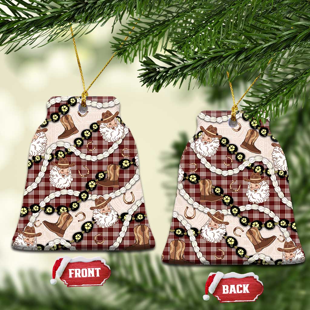 Cowboy Hawaii Mele Kalikimaka Ceramic Ornament Paniolo Kukui Nut Pikake Lei Burgundy Version - Polynesian Pride