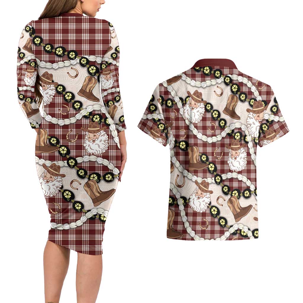 Cowboy Hawaii Mele Kalikimaka Couples Matching Long Sleeve Bodycon Dress and Hawaiian Shirt Paniolo Kukui Nut Pikake Lei Burgundy Version - Polynesian Pride