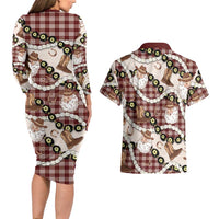 Cowboy Hawaii Mele Kalikimaka Couples Matching Long Sleeve Bodycon Dress and Hawaiian Shirt Paniolo Kukui Nut Pikake Lei Burgundy Version - Polynesian Pride