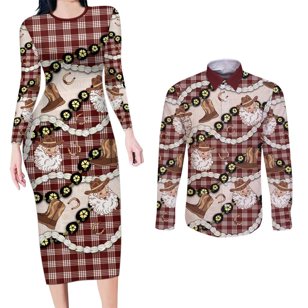 Cowboy Hawaii Mele Kalikimaka Couples Matching Long Sleeve Bodycon Dress and Long Sleeve Button Shirt Paniolo Kukui Nut Pikake Lei Burgundy Version LT14 Burgundy - Polynesian Pride