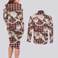 Cowboy Hawaii Mele Kalikimaka Couples Matching Long Sleeve Bodycon Dress and Long Sleeve Button Shirt Paniolo Kukui Nut Pikake Lei Burgundy Version LT14 - Polynesian Pride