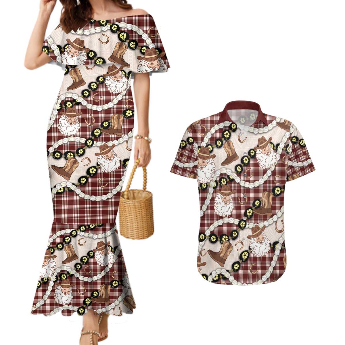 Cowboy Hawaii Mele Kalikimaka Couples Matching Mermaid Dress and Hawaiian Shirt Paniolo Kukui Nut Pikake Lei Burgundy Version - Polynesian Pride