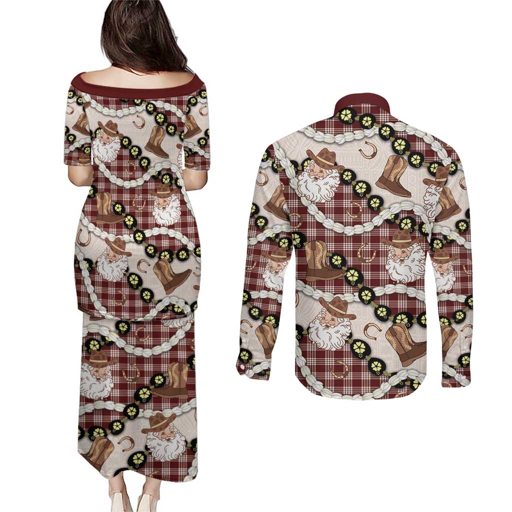 Cowboy Hawaii Mele Kalikimaka Couples Matching Puletasi and Long Sleeve Button Shirt Paniolo Kukui Nut Pikake Lei Burgundy Version - Polynesian Pride