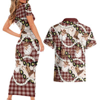 Cowboy Hawaii Mele Kalikimaka Couples Matching Short Sleeve Bodycon Dress and Hawaiian Shirt Paniolo Kukui Nut Pikake Lei Burgundy Version - Polynesian Pride