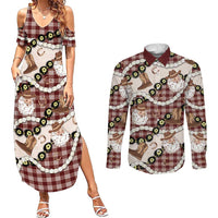 Cowboy Hawaii Mele Kalikimaka Couples Matching Summer Maxi Dress and Long Sleeve Button Shirt Paniolo Kukui Nut Pikake Lei Burgundy Version - Polynesian Pride