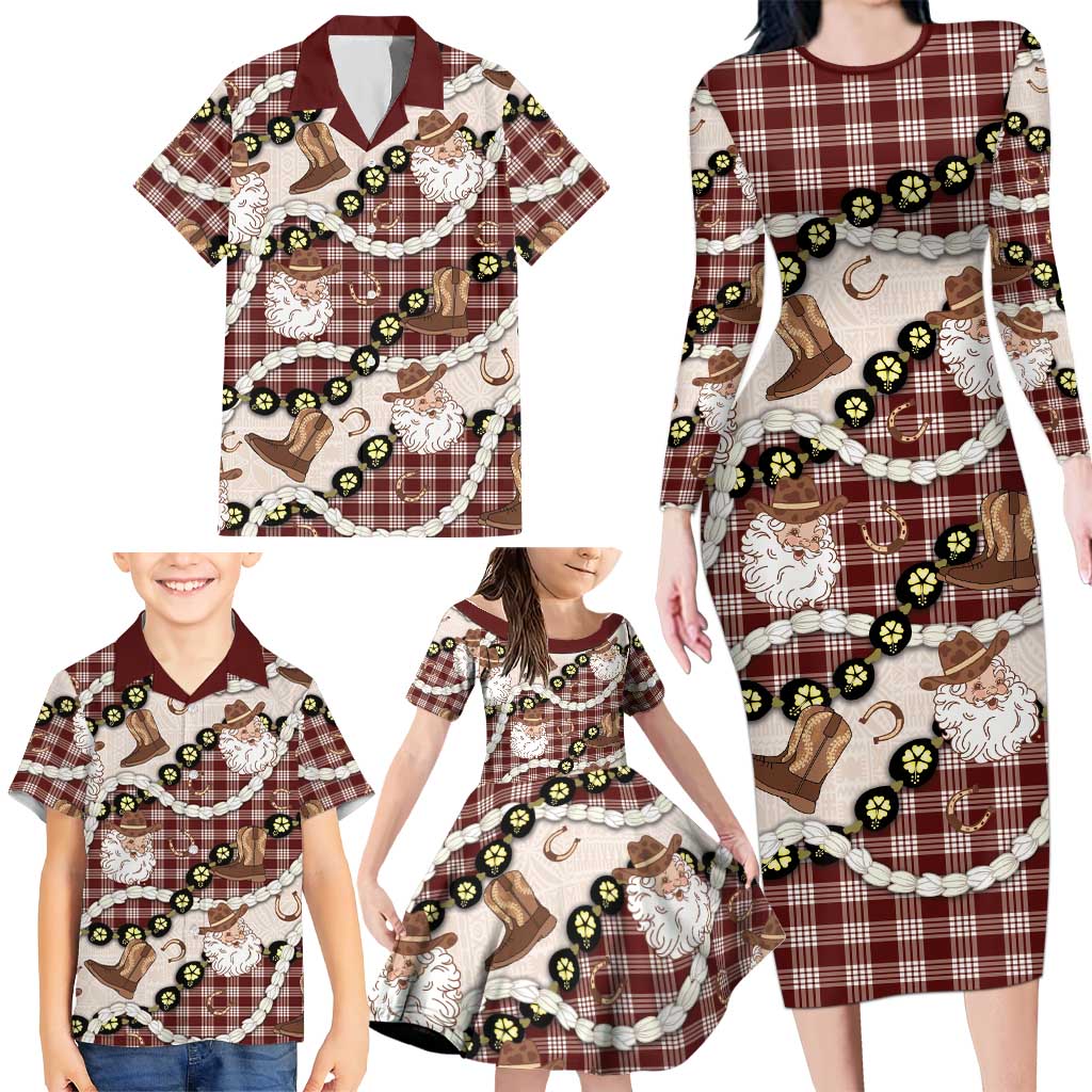 Cowboy Hawaii Mele Kalikimaka Family Matching Long Sleeve Bodycon Dress and Hawaiian Shirt Paniolo Kukui Nut Pikake Lei Burgundy Version - Polynesian Pride
