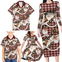 Cowboy Hawaii Mele Kalikimaka Family Matching Long Sleeve Bodycon Dress and Hawaiian Shirt Paniolo Kukui Nut Pikake Lei Burgundy Version - Polynesian Pride