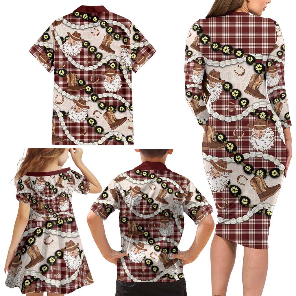 Cowboy Hawaii Mele Kalikimaka Family Matching Long Sleeve Bodycon Dress and Hawaiian Shirt Paniolo Kukui Nut Pikake Lei Burgundy Version - Polynesian Pride