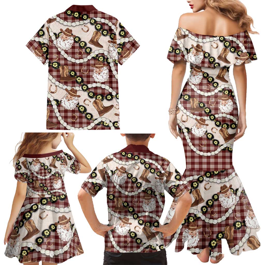 Cowboy Hawaii Mele Kalikimaka Family Matching Mermaid Dress and Hawaiian Shirt Paniolo Kukui Nut Pikake Lei Burgundy Version - Polynesian Pride