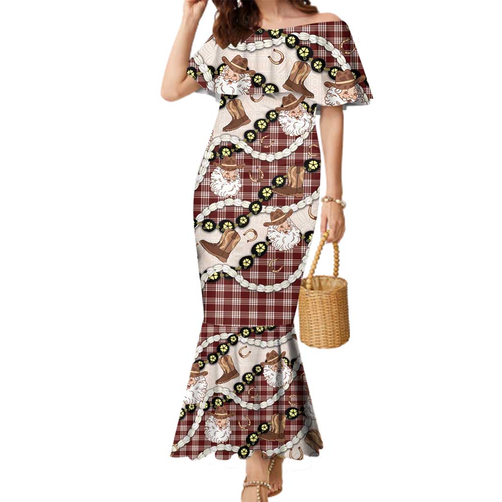 Cowboy Hawaii Mele Kalikimaka Family Matching Mermaid Dress and Hawaiian Shirt Paniolo Kukui Nut Pikake Lei Burgundy Version - Polynesian Pride
