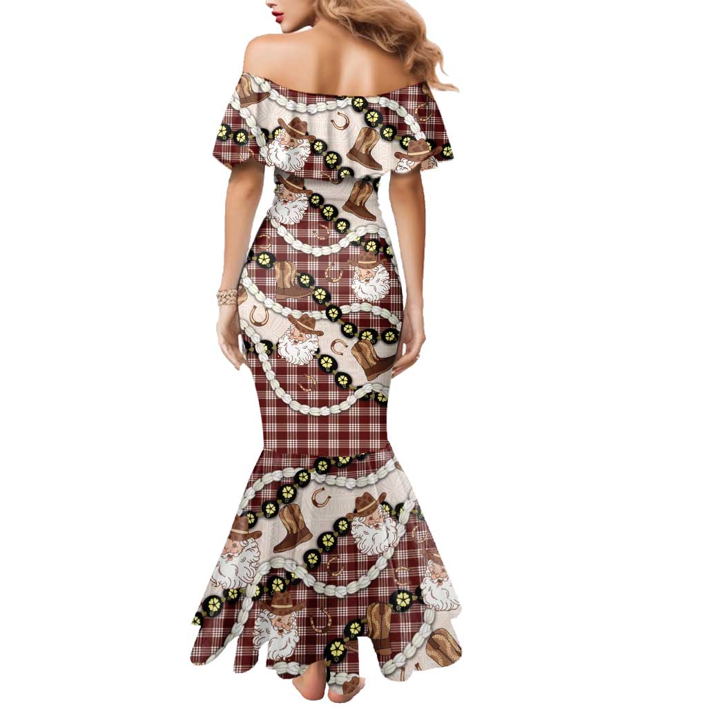 Cowboy Hawaii Mele Kalikimaka Family Matching Mermaid Dress and Hawaiian Shirt Paniolo Kukui Nut Pikake Lei Burgundy Version - Polynesian Pride