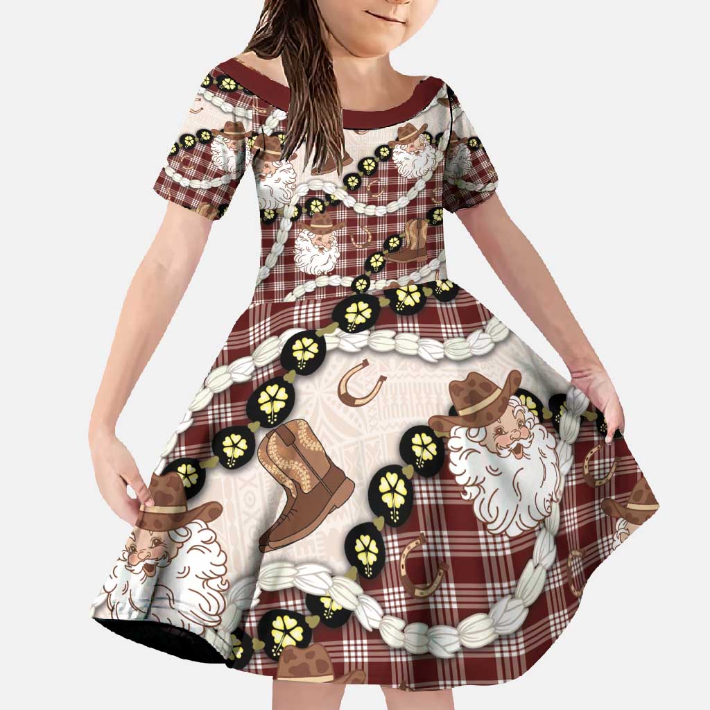 Cowboy Hawaii Mele Kalikimaka Family Matching Off Shoulder Maxi Dress and Hawaiian Shirt Paniolo Kukui Nut Pikake Lei Burgundy Version - Polynesian Pride