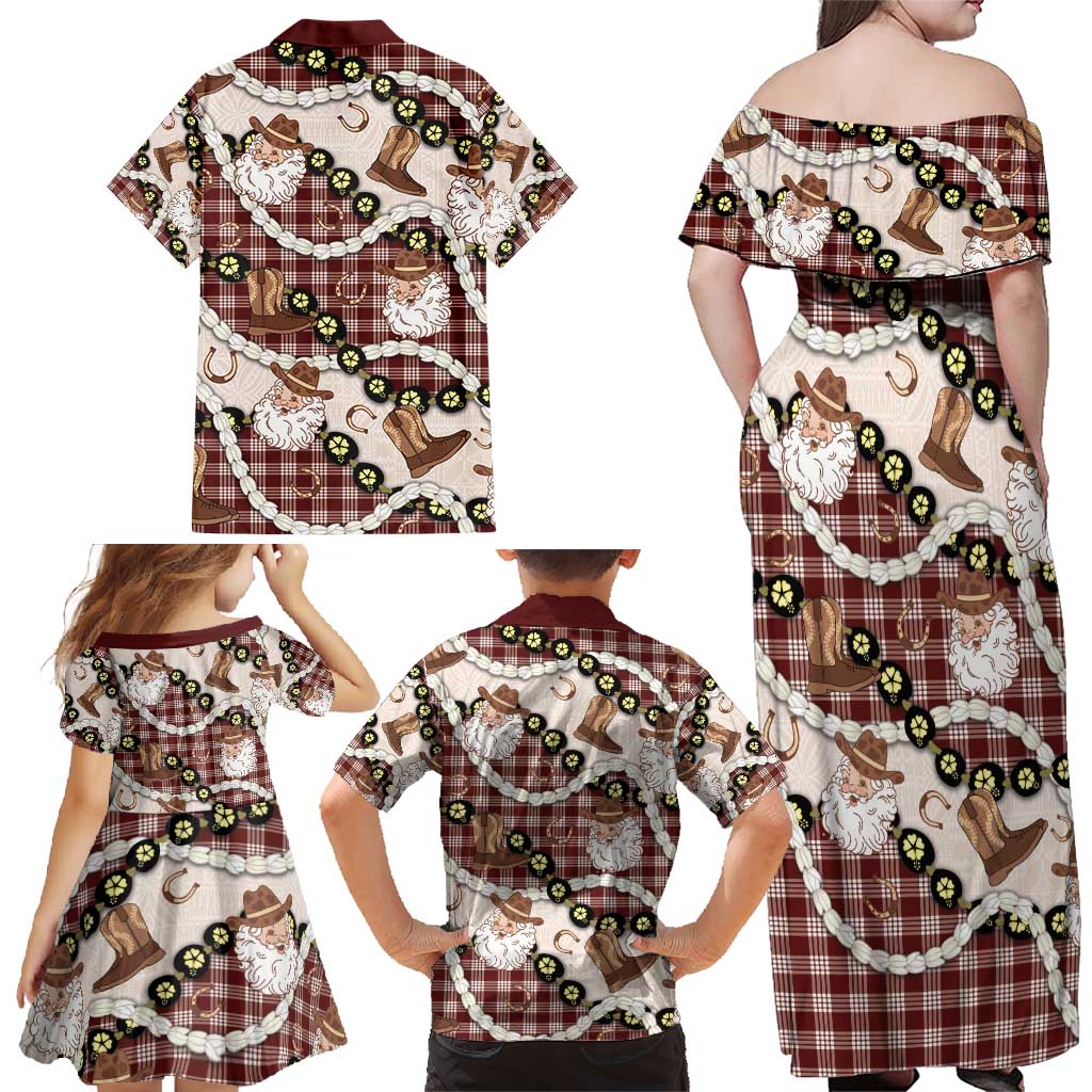 Cowboy Hawaii Mele Kalikimaka Family Matching Off Shoulder Maxi Dress and Hawaiian Shirt Paniolo Kukui Nut Pikake Lei Burgundy Version - Polynesian Pride