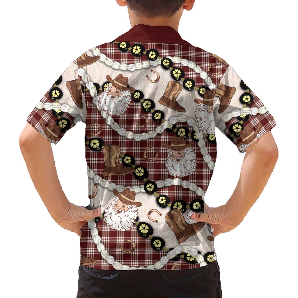 Cowboy Hawaii Mele Kalikimaka Family Matching Off Shoulder Short Dress and Hawaiian Shirt Paniolo Kukui Nut Pikake Lei Burgundy Version LT14 - Polynesian Pride