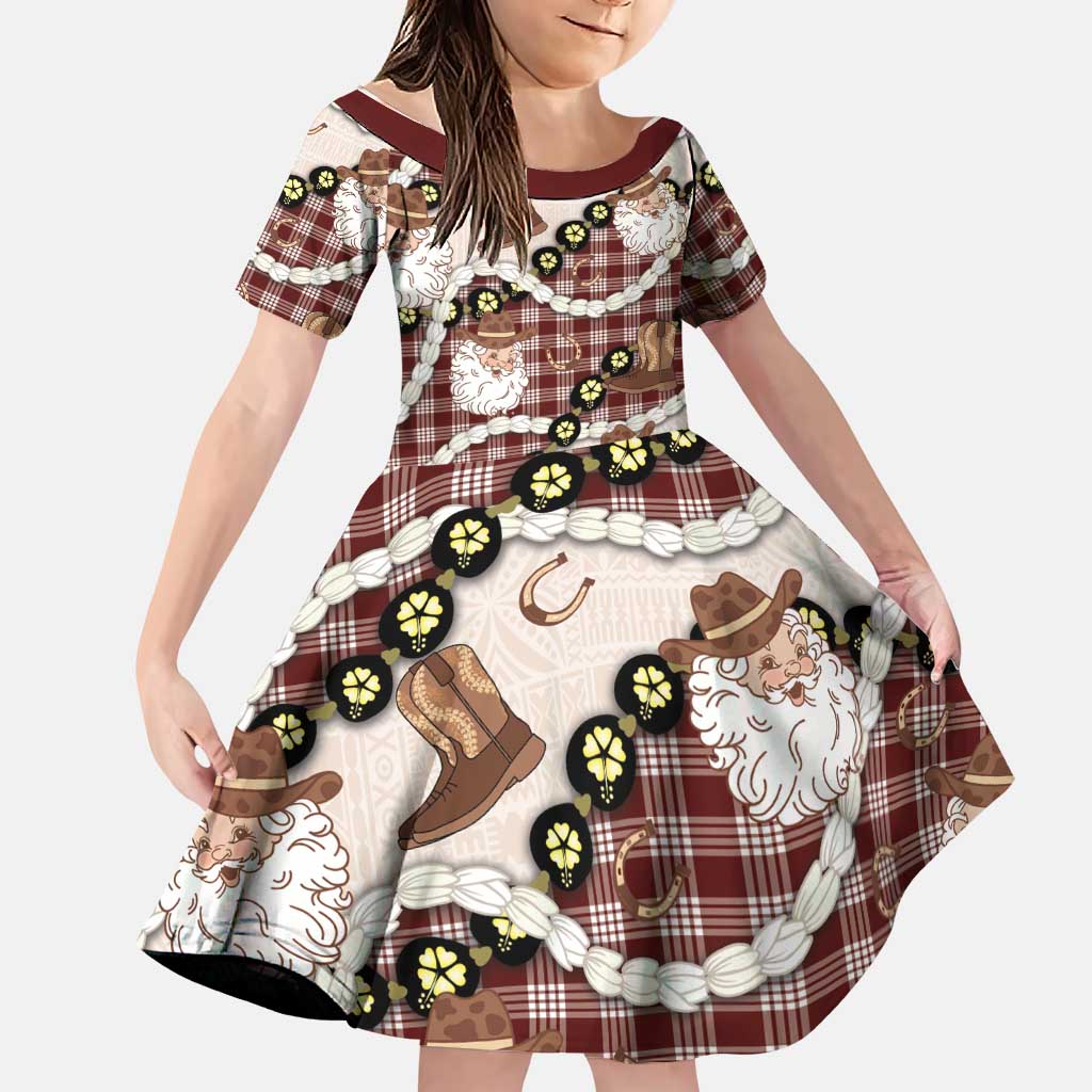 Cowboy Hawaii Mele Kalikimaka Family Matching Off Shoulder Short Dress and Hawaiian Shirt Paniolo Kukui Nut Pikake Lei Burgundy Version LT14 Daughter's Dress Burgundy - Polynesian Pride