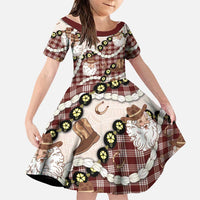 Cowboy Hawaii Mele Kalikimaka Family Matching Off Shoulder Short Dress and Hawaiian Shirt Paniolo Kukui Nut Pikake Lei Burgundy Version LT14 Daughter's Dress Burgundy - Polynesian Pride